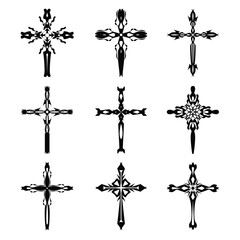 Christian cross vector icon symbols.  Abstract christian religious belief or faith art illustration for orthodox or catholic design. The symbol of the cross in various designs used in tattoo.