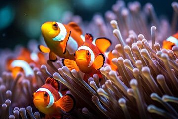 A colorful clownfish swimming in a vibrant underwater scene surrounded by coral, sea anemones, and other marine life