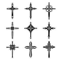 Christian cross vector icon symbols.  Abstract christian religious belief or faith art illustration for orthodox or catholic design. The symbol of the cross in various designs used in tattoo.