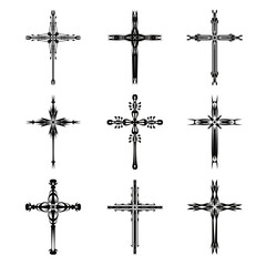 Fototapeta premium Christian cross vector icon symbols. Abstract christian religious belief or faith art illustration for orthodox or catholic design. The symbol of the cross in various designs used in tattoo.