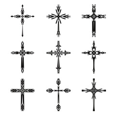 Christian cross vector icon symbols.  Abstract christian religious belief or faith art illustration for orthodox or catholic design. The symbol of the cross in various designs used in tattoo.