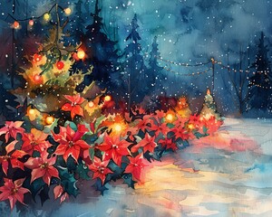 A watercolor scene of a snowy evening with colorful holiday lights and winter flowers, creating a warm, natural background