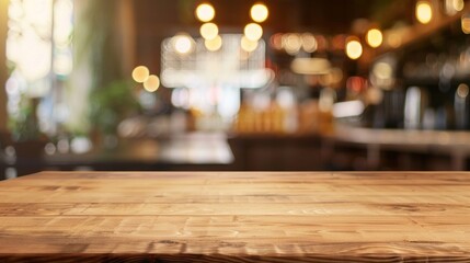 Empty wooden table with a blurred restaurant background, ideal for display and presentation purposes AI Generative.