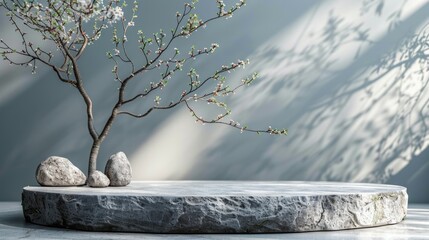 Minimalist tree on a podium with a dramatic backdrop. AI Generative.