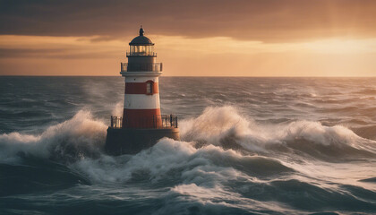 Obraz premium lighthouse in the middle of the sea, sunset colors and little wavy sea 