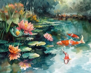 A watercolor scene of a tranquil garden pond with koi fish, lily pads, and colorful flowers against a serene natural background
