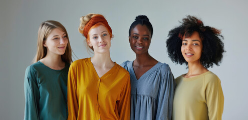 Four diverse women standing together, each wearing casual attire in different colors and styles, symbolizing diversity and friendship.