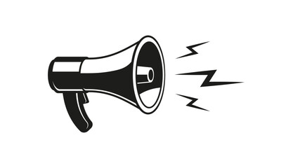 Megaphone or loudspeaker with lightnings symbol of noise isolated on white background. Vector illustration.