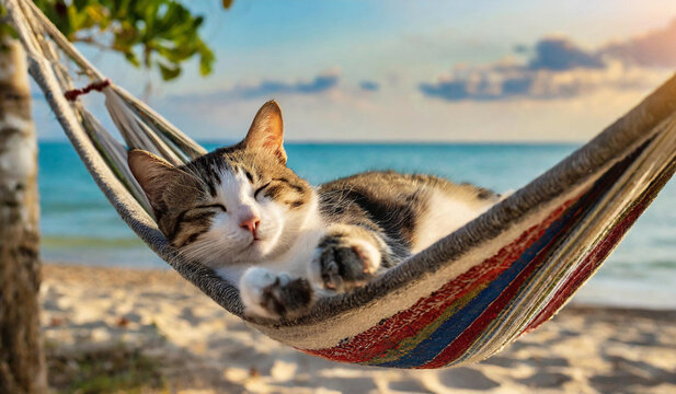 Cute little kitten, cat sleeping in hammock on the beach at sunset.