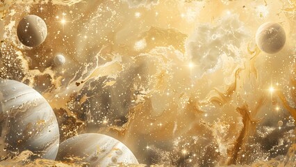 Gold cosmic background with marbled textures and celestial motifs of stars and planets . Concept Cosmic Theme, Gold Background, Marbled Textures, Celestial Motifs, Stars and Planets