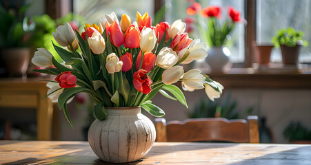 Bouquet of fresh garden flowers in a ceramic vase on a table at home on a spring day.