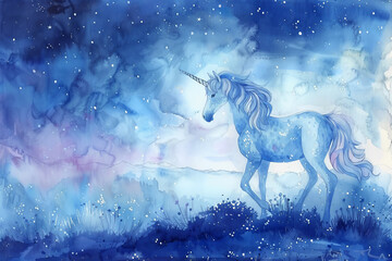 Mystical watercolor painting of a unicorn galloping under a starlit sky with a celestial backdrop
