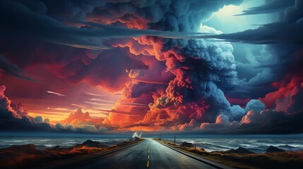 The image shows a dark and stormy night. The road is wet and empty.The sky is lit up with lightning. The scene is dangerous and foreboding.