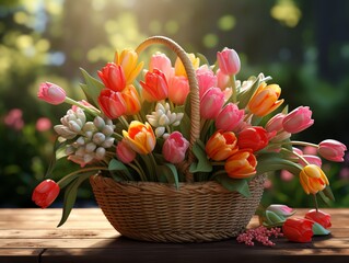 A beautiful bouquet of tulips in a basket. The perfect gift for any occasion.