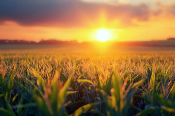Obraz premium Golden sunset illuminating a lush cornfield, capturing the vibrant and peaceful essence of rural life, copy space