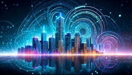 Glowing neon cityscape against dark, abstract background