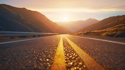 A road with a yellow line down the middle and mountains in the background. The sun is setting and the sky is orange