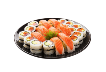 A wide selection of sushi is beautifully presented on appetizing plates on a transparent background. Generative AI