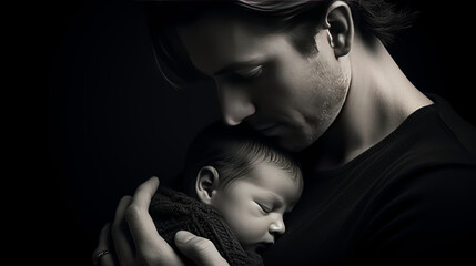 Father tenderly holding his newborn baby, showcasing a deep bond in a dramatic monochrome setting