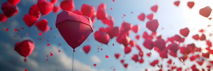 Red heart balloons flying in the sky,  Air Balloons Valentine S Day Background.


