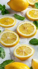 Slices of Fresh cut lemon and mint leaves on white background