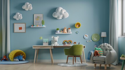 Playful yet cozy kid's room setup with a round shelf, gray desk, and green armchair, surrounded by personal accessories and plush toys, blue wall background