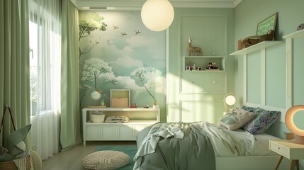 Refreshing kids' room in soft green, creating a calming environment with creative lighting, space-saving storage, and interactive wall decals