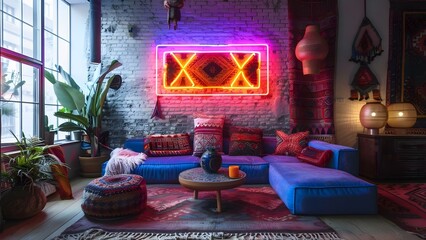 Neon lights on wall in futuristic abstract living room with ethnic decor. Concept Futuristic Interior Design, Neon Lights, Abstract Living Room, Ethnic Decor, Wall Design