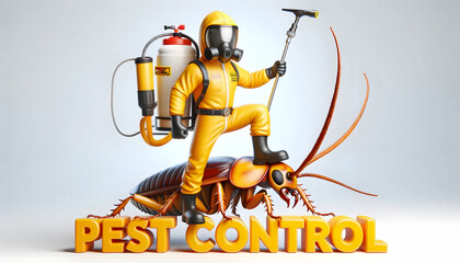 3D caricature of pest control worker standing triumphantly over giant cockroach, Happy pest control worker defeating cartoon cockroach - 3D illustration