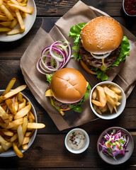 Draufsicht Holztisch mit rustikalen Burgern, Dip, Salate und Pommes - AI generiert