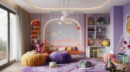 Soft purple-themed kids' room with bright color accents, playful furniture, and creative lighting, featuring educational toys and space-saving storage