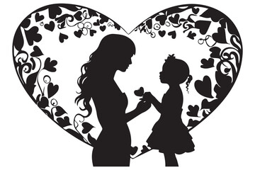 Mom and child love in the style of silhouette white background