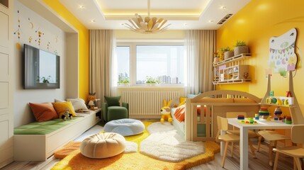 Soft yellow kids' room emphasizing happiness and optimism, with bright color accents, playful furniture, and educational toys, safety-focused design