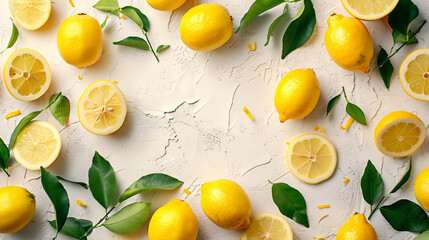 Many fresh lemons on light background with space for t