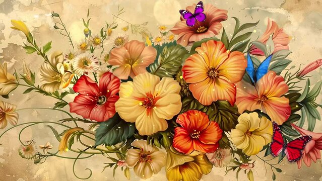 vintage bouquet of beautiful different flowers. floral decoration design. seamless looping overlay 4k virtual video animation background