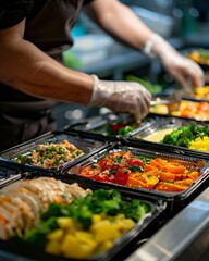 Obraz premium Worker preparing healthy meals in disposable containers