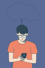 Teen boy in orange shirt read from smartphone screen flat style illustration.