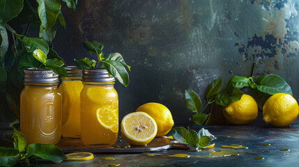 Mason jars of fresh lemon juice on dark table