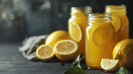 Mason jars of fresh lemon juice on dark table - Powered by Adobe