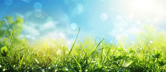 Abstract nature background in a meadow with green grass and a clear blue sky in spring or summer.