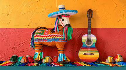 Mexican pinata in shape of horse sombrero hat and guit