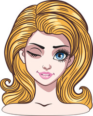 Young cartoon woman with big eyes, long eyelashes and blond hair winking. Expressive blond girl, female avatar.