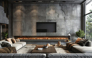 Modern lounge with concrete wall and fireplace