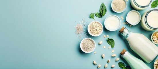 Ingredients for creating different plant-based dairy-free vegan milks and milk bottles on a blue background with space for text.