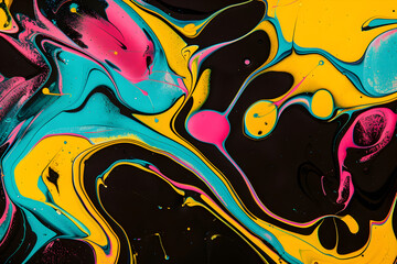 Bold neon yellow swirls blending into pink and turquoise abstract shapes. Vibrant neon artwork.
