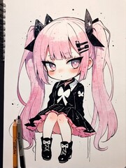 This illustration depicts an anime girl with striking pink hair, cat ears, and a gothic-inspired outfit, invoking a mix of cuteness and edge