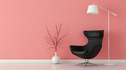 Modern black armchair and white standing lamp