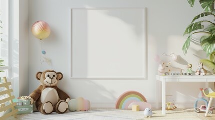 Playful and cozy children's room featuring a mock-up poster frame, white desk, plush monkey toys, and a rainbow ornament, all set for inspiration