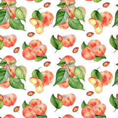 Chines fig peaches and leaves watercolor seamless pattern isolated on white. Whole ripe fruits painting. Flat peach on branch hand drawn. Design element for package, textile, skin care cosmetic
