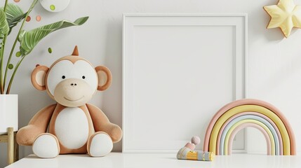 Playful and cozy children's room featuring a mock-up poster frame, white desk, plush monkey toys, and a rainbow ornament, all set for inspiration